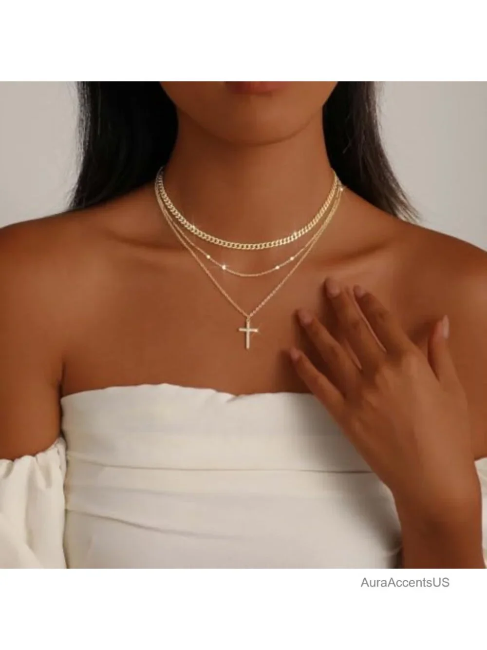 Layered Gold Plated Necklace Set with Cross Pendant